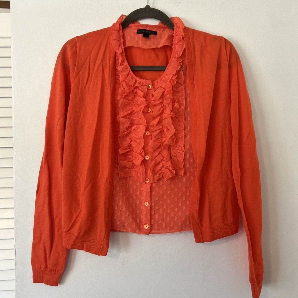 J.Crew Orange Ruffle Clip Dot Twin Set Cardigan & Shell Small Womens merino wool